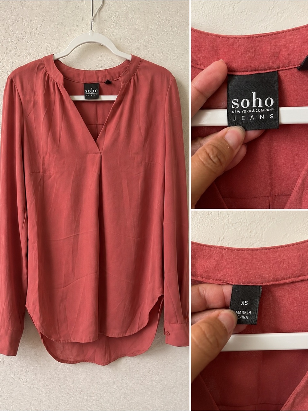 New York & Company Soho Jeans Dusty Rose V-Neck Long Sleeve Blouse